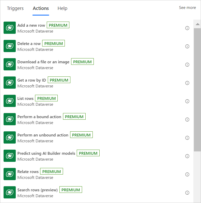 รายการบางส่วนของการดำเนินการ Dataverse