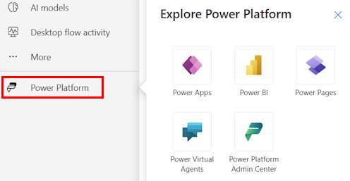 ภาพหน้าจอของบริการ Power Platform