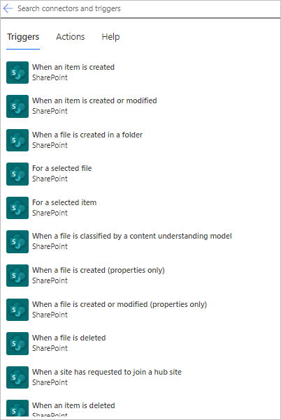 ภาพหน้าจอที่แสดงทริกเกอร์ SharePoint บางส่วน เช่น 