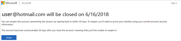 ภาพหน้าจอของหน้าการแจ้งเตือนการปิดบัญชี Microsoft