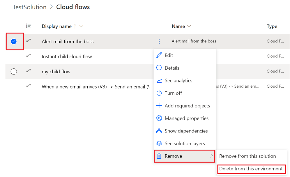 ภาพหน้าจอแสดงตัวเลือกในการลบโฟลว์จากสภาพแวดล้อมที่ไฮไลต์