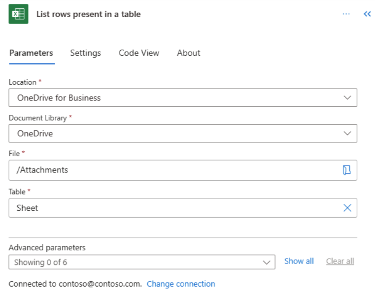 ภาพหน้าจอของพารามิเตอร์สำหรับแสดงรายการแถวที่มีอยู่ในตารางใน Copilot