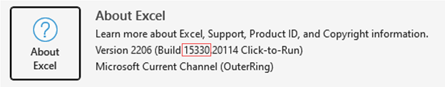 สกรีนช็อตที่แสดงเกี่ยวกับ Excel พร้อมหมายเลขรุ่น