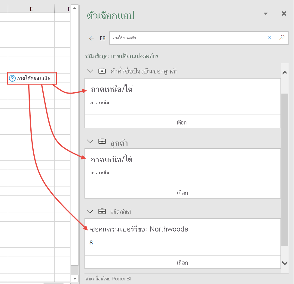 Screenshot of Excel Data Selector pane with multiple possibilities.