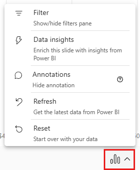 สกรีนช็อตของ Add-in Power BI สําหรับเมนูตัวเลือกข้อมูล PowerPoint