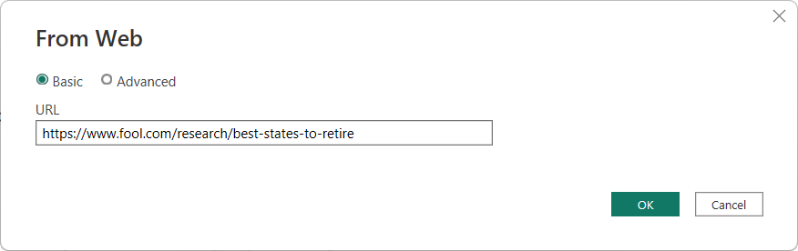 สกรีนช็อตของกล่องโต้ตอบจากเว็บของตัวแก้ไข Power Query ที่ป้อน URL ของหน้าต้นทาง