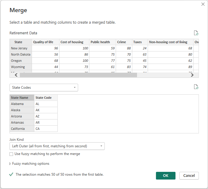 ภาพหน้าจอของกล่องโต้ตอบผสานของ ตัวแก้ไข Power Query