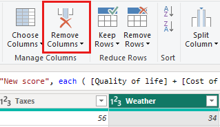 สกรีนช็อตของเมนูหน้าแรกของตัวแก้ไข Power Query ที่มีปุ่มเอาคอลัมน์ออกที่เน้น