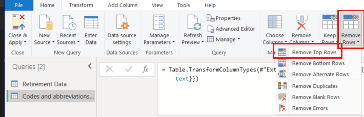 สกรีนช็อตของตัวแก้ไข Power Query ที่เน้นรายการดรอปดาวน์ลบแถวและรายการลบแถวด้านบน