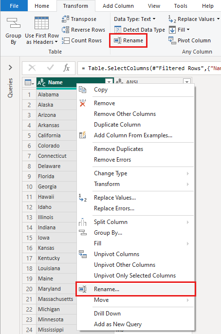 สกรีนช็อตของตัวแก้ไข Power Query ที่ไฮไลท์ปุ่มเปลี่ยนชื่อและยังเปลี่ยนชื่อรายการคลิกขวา