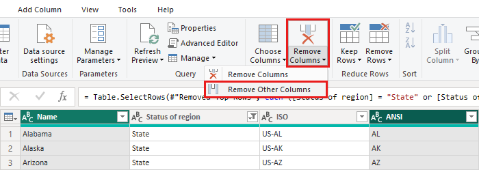 สกรีนช็อตของตัวแก้ไข Power Query เน้นรายการดรอปดาวน์ลบคอลัมน์และรายการลบคอลัมน์อื่น