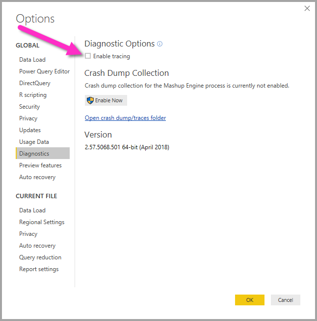 Screenshot shows the option to enable tracing in Power BI Desktop.