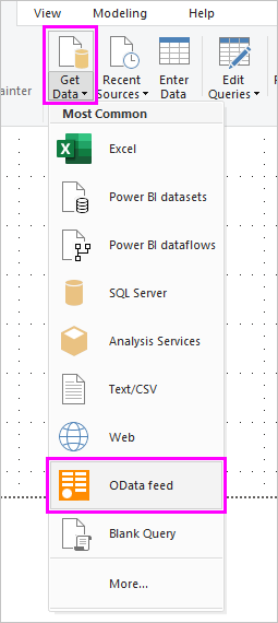 Screenshot that highlights the OData Feed option.