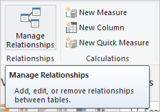 Screenshot that shows the Manage relationships button in the Modeling ribbon.