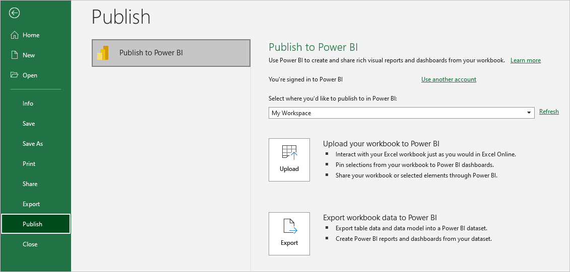 สกรีนช็อตที่แสดงการเผยแพร่เวิร์กบุ๊กไปยัง Power BI ใน Excel