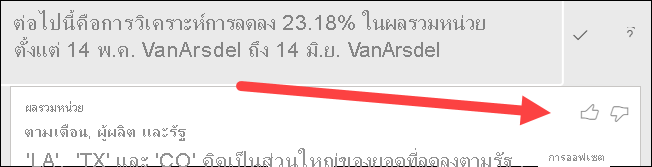 สกรีนช็อตของยกนิ้วโป้งขึ้นและคว่ํานิ้วโป้งลงที่ด้านบนของวิชวล