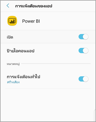 สกรีนช็อตแสดงหน้าจอโทรศัพท์ Android ที่ชื่อว่า Power BI ที่คุณสามารถอนุญาตและจัดการการแจ้งเตือนได้