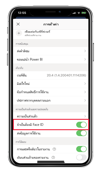 Power BI iOS app setting page