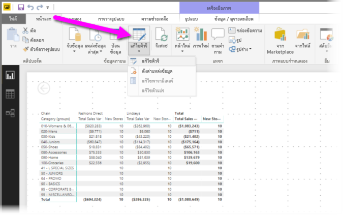 สกรีนช็อตของ Power BI Desktop พร้อมการแปลงข้อมูลที่เน้น