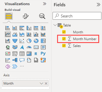 สกรีนช็อตของบานหน้าต่างการแสดงภาพและเขตข้อมูลในบริการของ Power BI ในบานหน้าต่างเขตข้อมูล เขตข้อมูลหมายเลขเดือนจะถูกเน้น