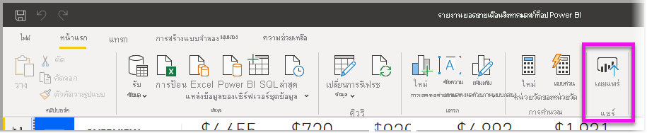 ภาพหน้าจอของริบบอนหน้าแรกของ Power BI โดยเน้นเผยแพร่