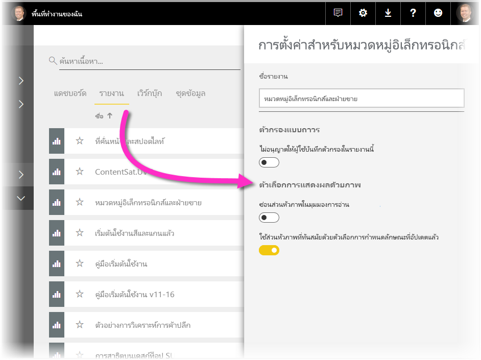 สกรีนช็อตของการตั้งค่าสําหรับรายงานในบริการของ Power BI