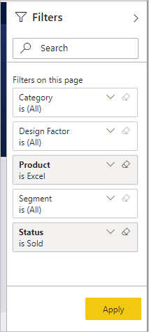 ภาพหน้าจอของบานหน้าต่างตัวกรอง ที่แสดงตัวกรองที่นําไปใช้