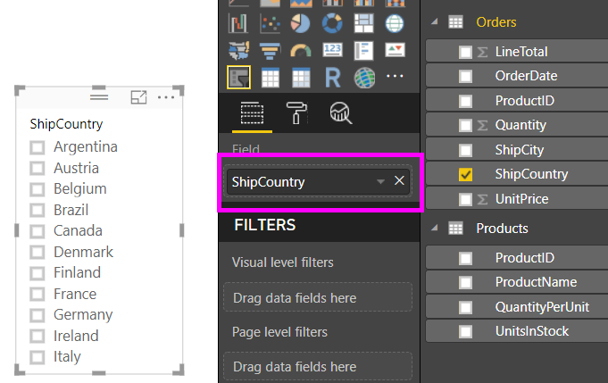 สกรีนช็อตแสดงเขตข้อมูลที่มีการเพิ่มไปยังตัวแบ่งส่วนข้อมูลใน Power BI Desktop