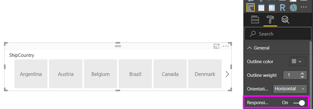 สกรีนช็อตแสดงตัวแบ่งส่วนข้อมูลที่ตอบสนองในบริการของ Power BI แล้วในขณะนี้