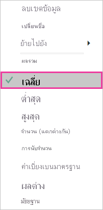 สกรีนช็อตของรายการการรวมที่มีค่าเฉลี่ยที่เลือกและเรียกใช้