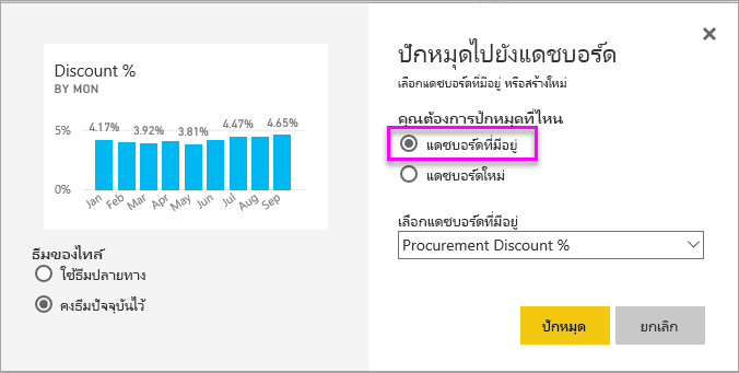 ภาพหน้าจอของหน้าต่างปักหมุดลงในแดชบอร์ด โดยเน้นแดชบอร์ดที่มีอยู่