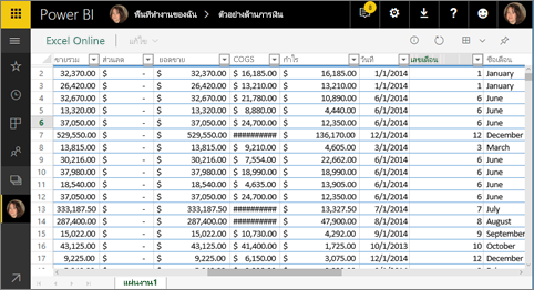 สกรีนช็อตที่แสดง Excel Online ใน Power BI