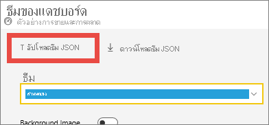 ภาพหน้าจอของหน้าต่างธีมแดชบอร์ด โดยเน้นตัวเลือกอัปโหลดธีม JSON