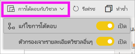 ภาพหน้าจอของบริการของ Power BI ที่เน้นรายการดรอปดาวน์การโต้ตอบแบบภาพ