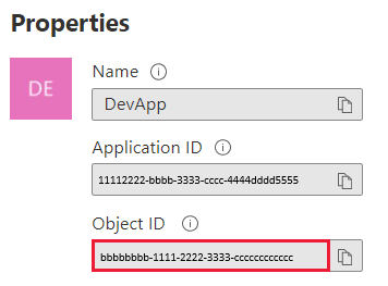 ภาพหน้าจอของหน้าต่างพอร์ทัล Azure ซึ่งแสดง ID ออบเจ็กต์หลักในส่วนคุณสมบัติในพาเนลภาพรวมของแอปพลิเคชัน Microsoft Entra