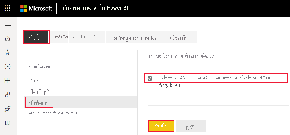 สกรีนช็อตของโหมดเปิดใช้งานนักพัฒนาในการตั้งค่า Power BI แท็บการตั้งค่านักพัฒนา