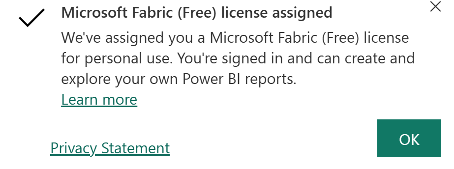 สกรีนช็อตของหน้าจอที่ยืนยันสิทธิ์การใช้งาน Fabric (ฟรี) ที่มอบหมายให้กับคุณ