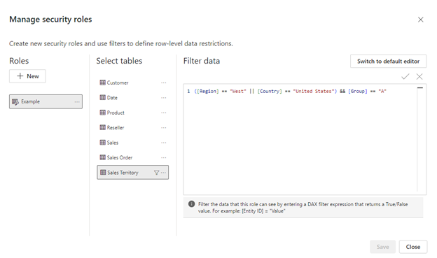 ภาพหน้าจอของหน้าต่างจัดการบทบาท โดยเน้นนิพจน์ DAX ตัวอย่าง