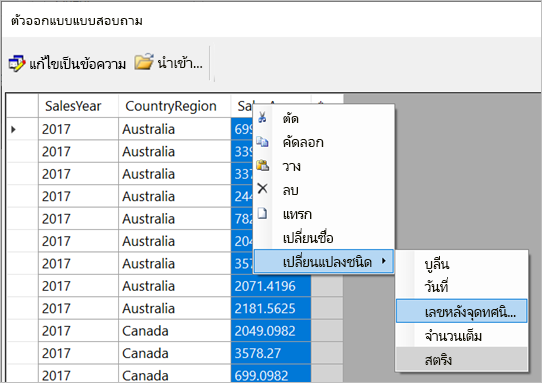 ภาพหน้าจอของตัวเลือกเปลี่ยนชนิดข้อมูล