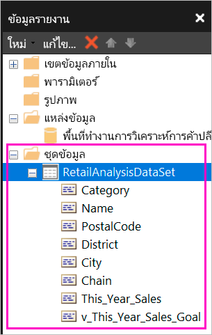 สกรีนช็อตของเขตข้อมูลที่แสดงอยู่ภายใต้ชุดข้อมูลในบานหน้าต่างข้อมูลรายงาน