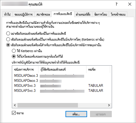 ภาพหน้าจอของรายงาน Power BI ที่แสดงแท็บการรับมอบสิทธิ์ของหน้าต่างคุณสมบัติ