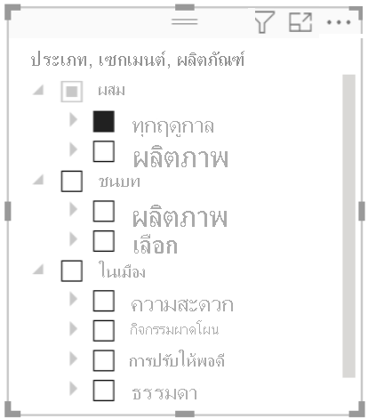 ตัวแบ่งส่วนลําดับชั้นใน Power BI Desktop สําหรับเซิร์ฟเวอร์รายงาน Power BI