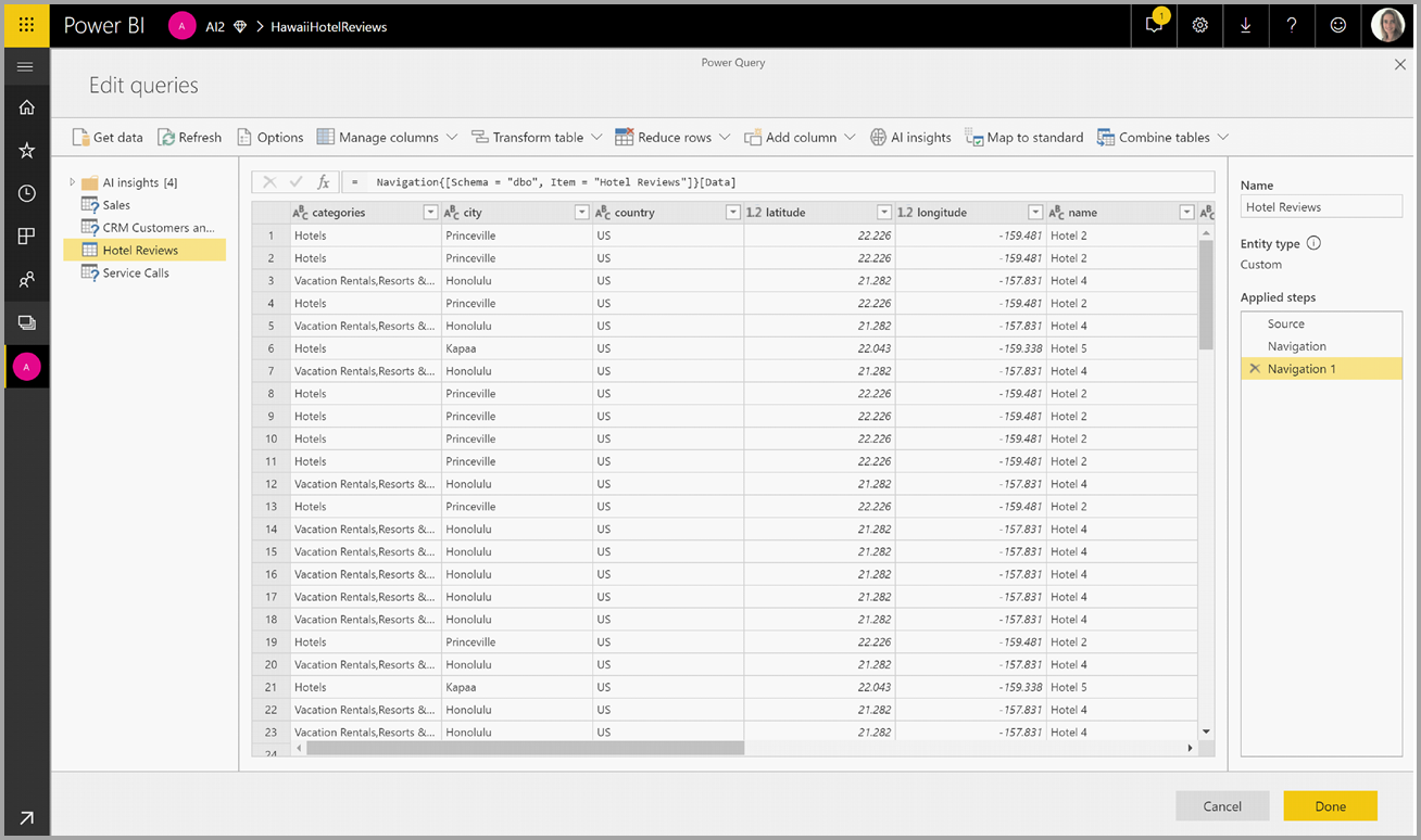 ภาพหน้าจอของ Power Query ที่มีเอนทิตีที่เปิดอยู่