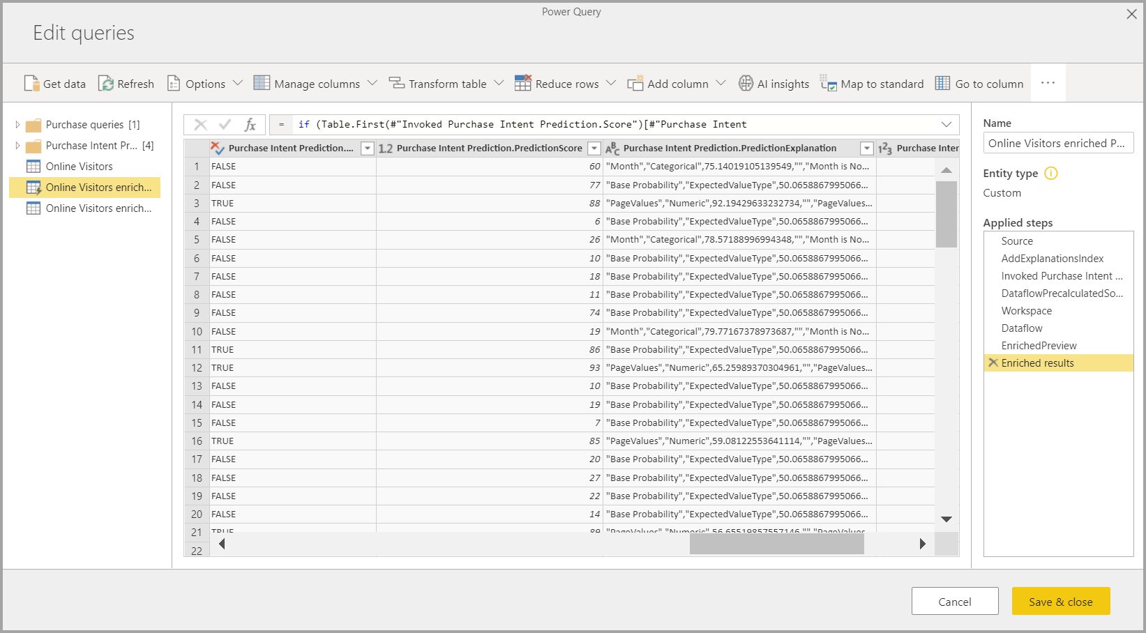 ภาพหน้าจอของ Power Query ที่แสดงผลลัพธ์ AutoML