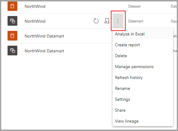 สกรีนช็อตของเมนูบริบท datamart