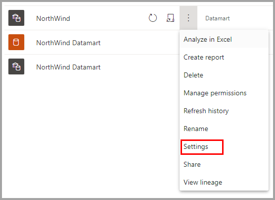 สกรีนช็อตของเมนูบริบท datamart ที่มีการตั้งค่าที่เลือกไว้