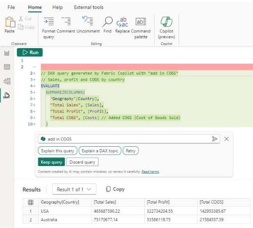 ภาพหน้าจอของการขอให้ DAX อธิบายคิวรี