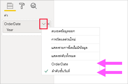 สกรีนช็อตแสดงตัวอย่างของการกําหนดค่าเขตข้อมูลวิชวลสําหรับลําดับชั้น OrderDate