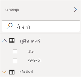 ภาพหน้าจอของ Power BI Desktop ที่แสดงตัวกรองภูมิศาสตร์ในมุมมองเขตข้อมูล