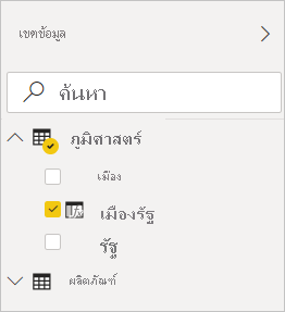 สกรีนช็อตของ Power BI Desktop ที่แสดง CityState ที่ถูกเลือกในตัวกรองภูมิศาสตร์ในมุมมองเขตข้อมูล